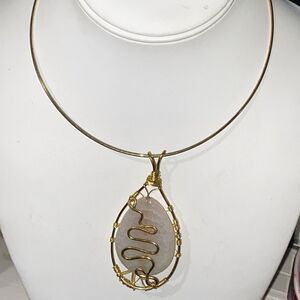 Handmade Tree of Life Wire Wrap Pendant Necklace Agate Quartz Gold Tone Choker